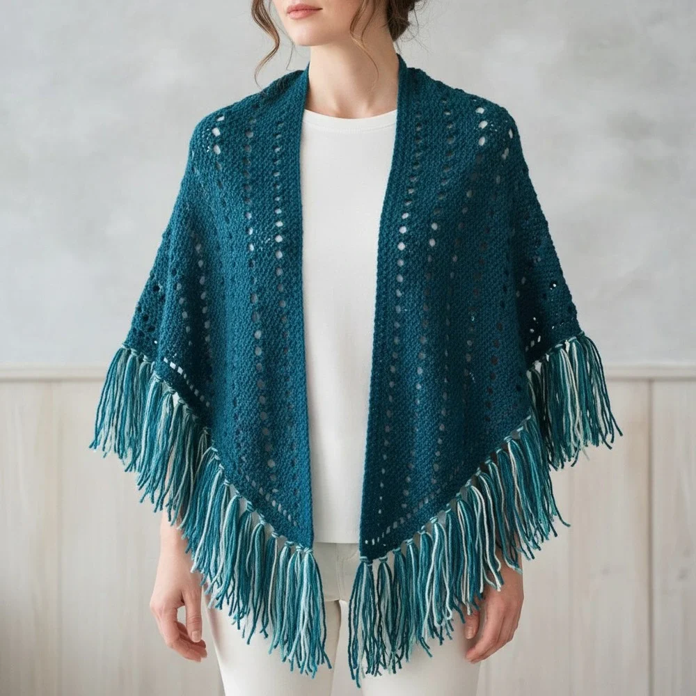NEW Teal Blue Hand Knitted‎ Shawl Wrap Boho Hippie Fringe Coastal Cottage Indie